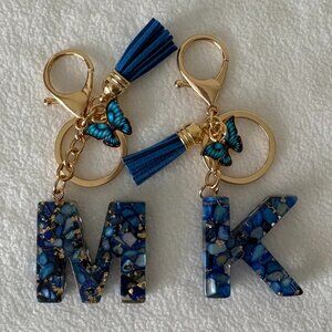 NWOT - Initial Charm Resin Charm Keychain - Blue Speckle, Butterfly and Tassel